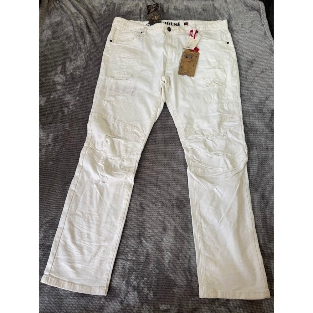 Grindhouse Straight White Mens Distressed Moto Jeans NEW 42x31‎